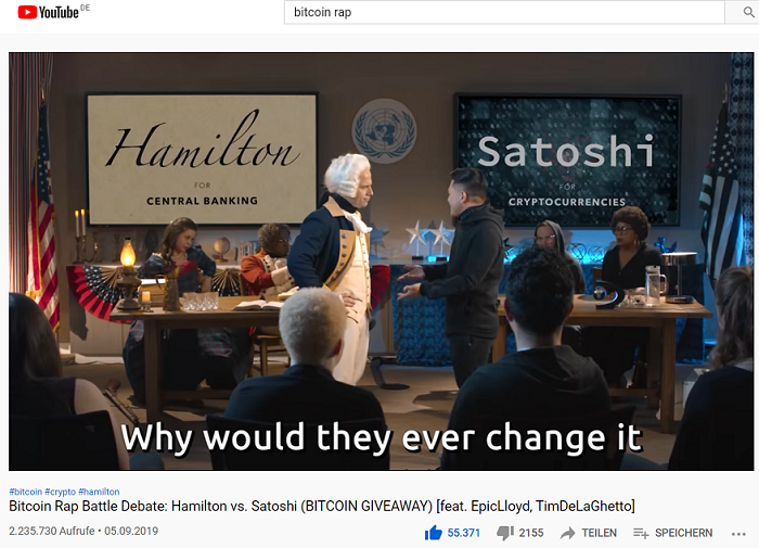 Eine Szene aus dem genialen YouTube-Video »Bitcoin Rap Battle Debate: Hamilton vs. Satoshi«, in dem über Bitcoin versus Fiat-Geld diskutiert wird.
